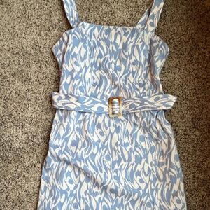 Light Blue and White Printed Belted Sundress